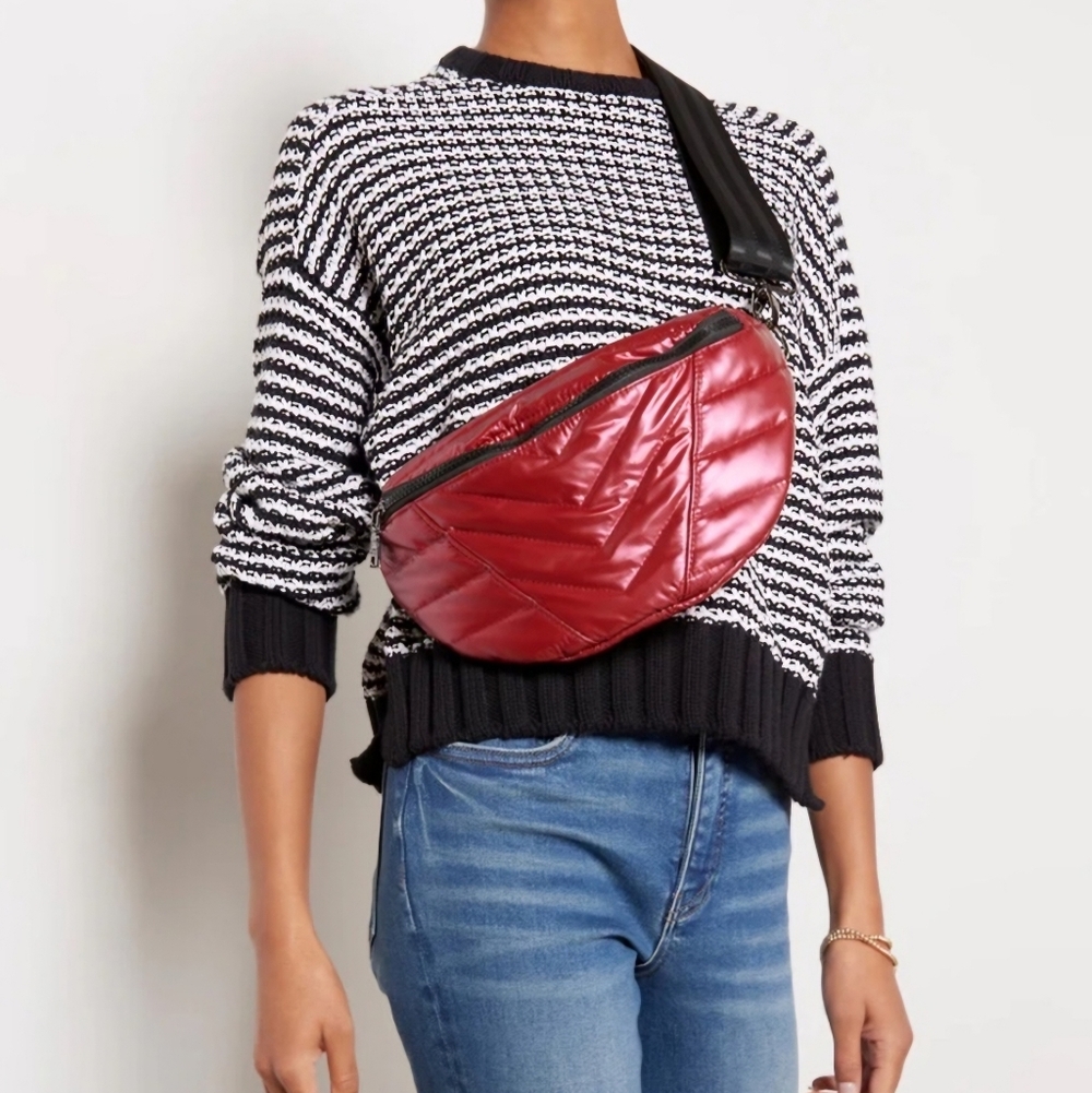 THINK ROYLN Quilted Crossbody Belt Bag in Red with Black Strap